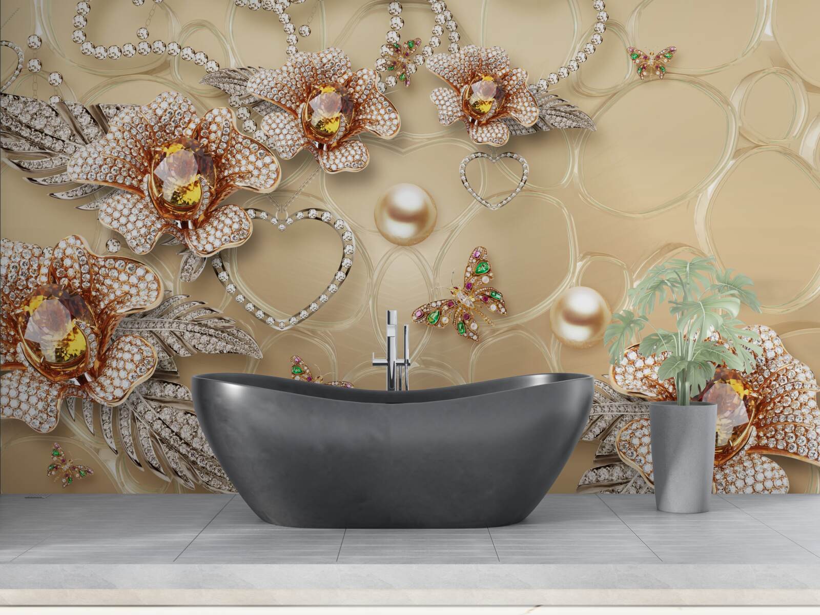 Fotobehang metalen bloemen in wit met parels