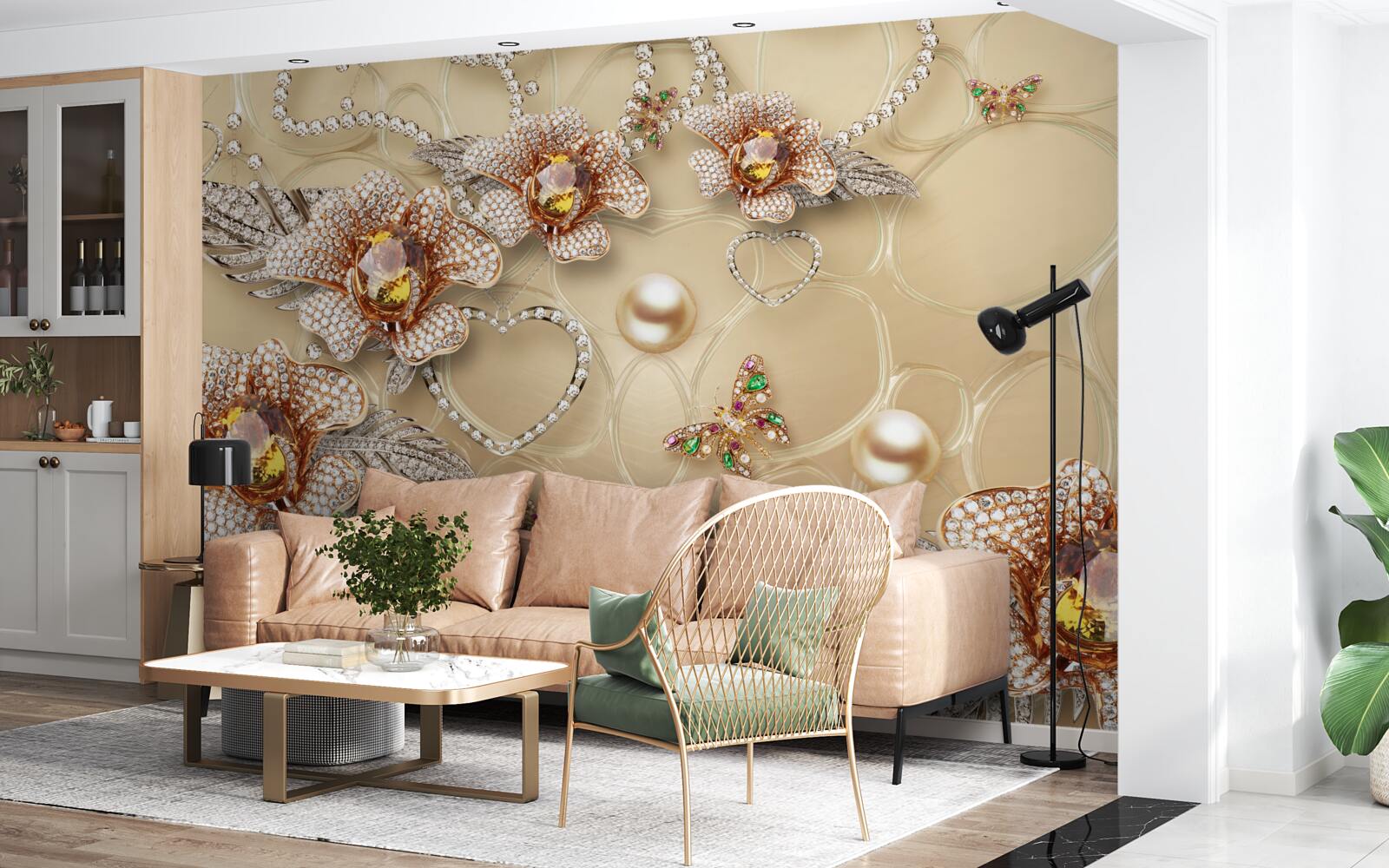 Fotobehang metalen bloemen in wit met parels
