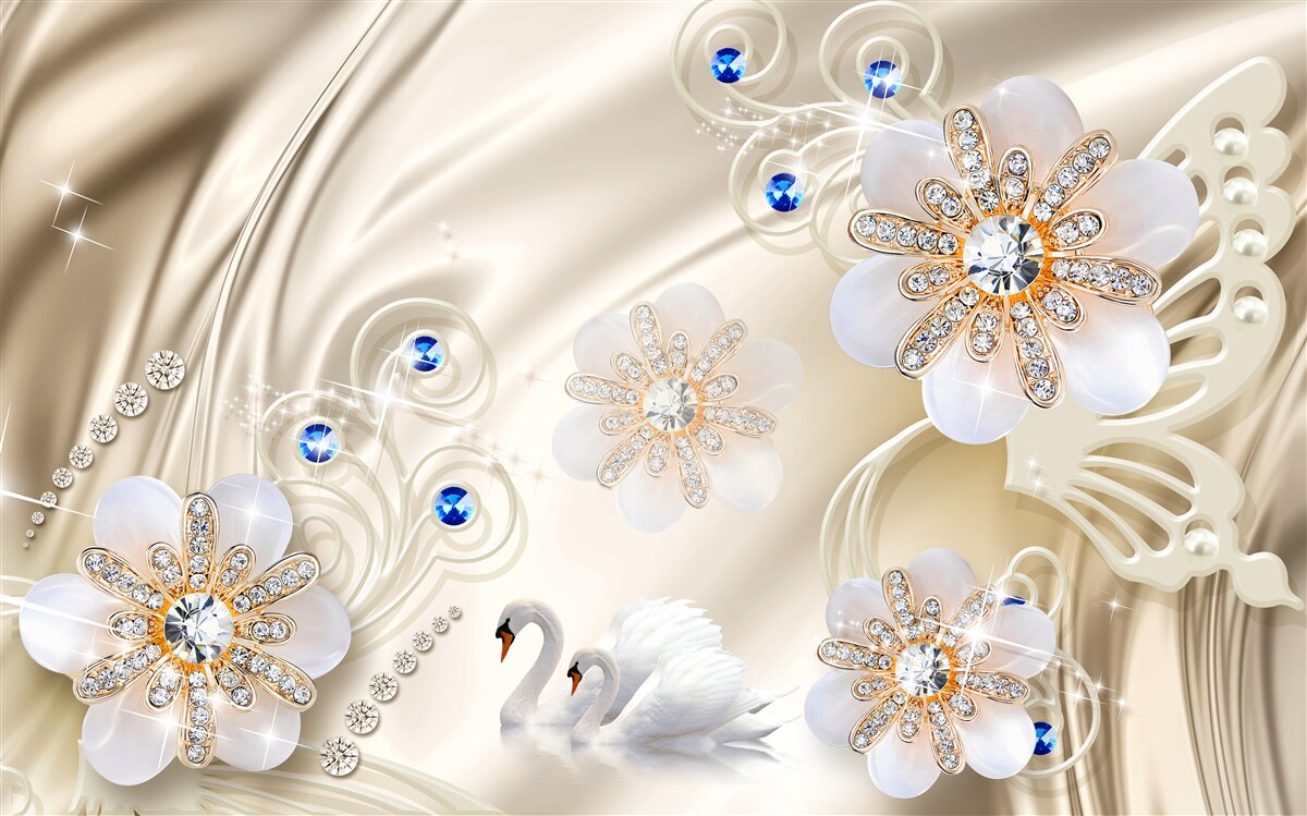 Fotobehang gekleurde juwelen en zwanen die door het water glijden