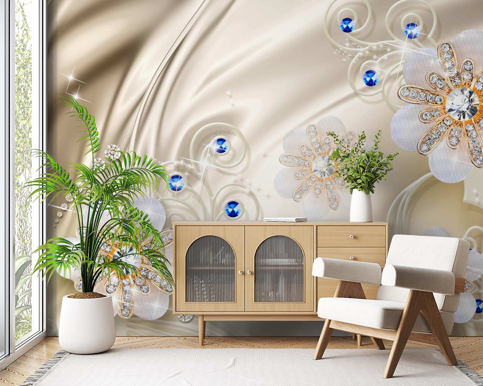 Fotobehang gekleurde juwelen en zwanen die door het water glijden