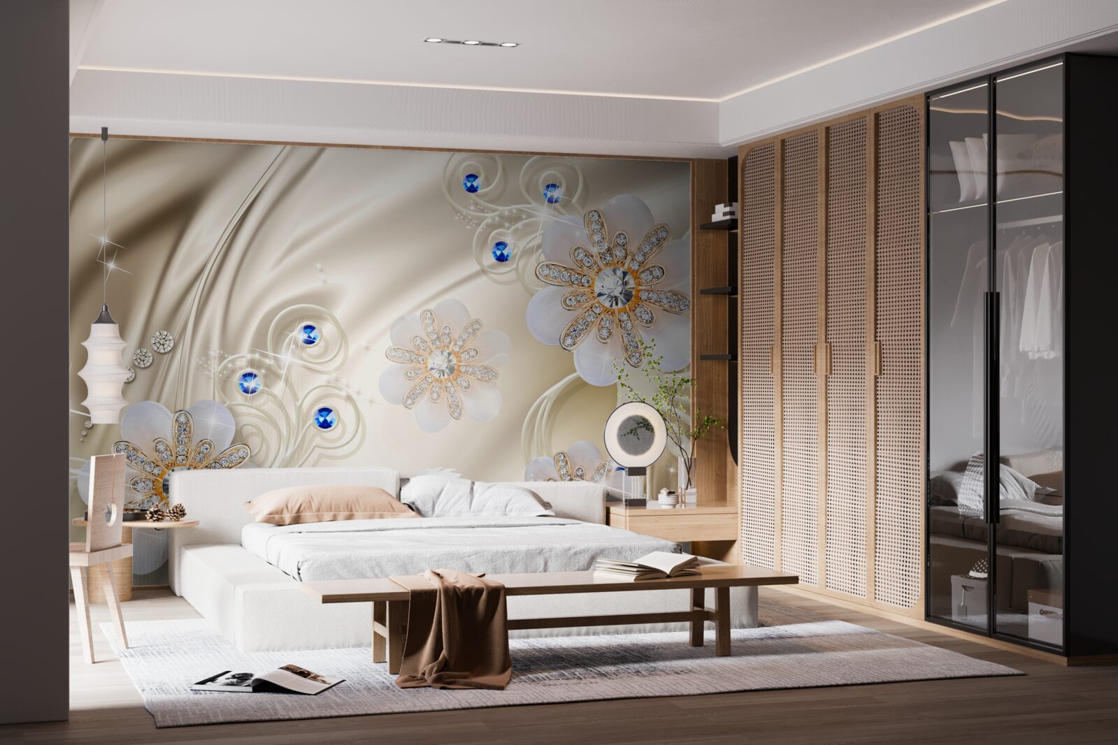 Fotobehang gekleurde juwelen en zwanen die door het water glijden