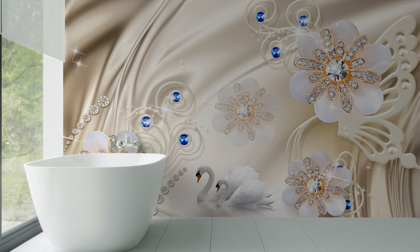 Fotobehang gekleurde juwelen en zwanen die door het water glijden