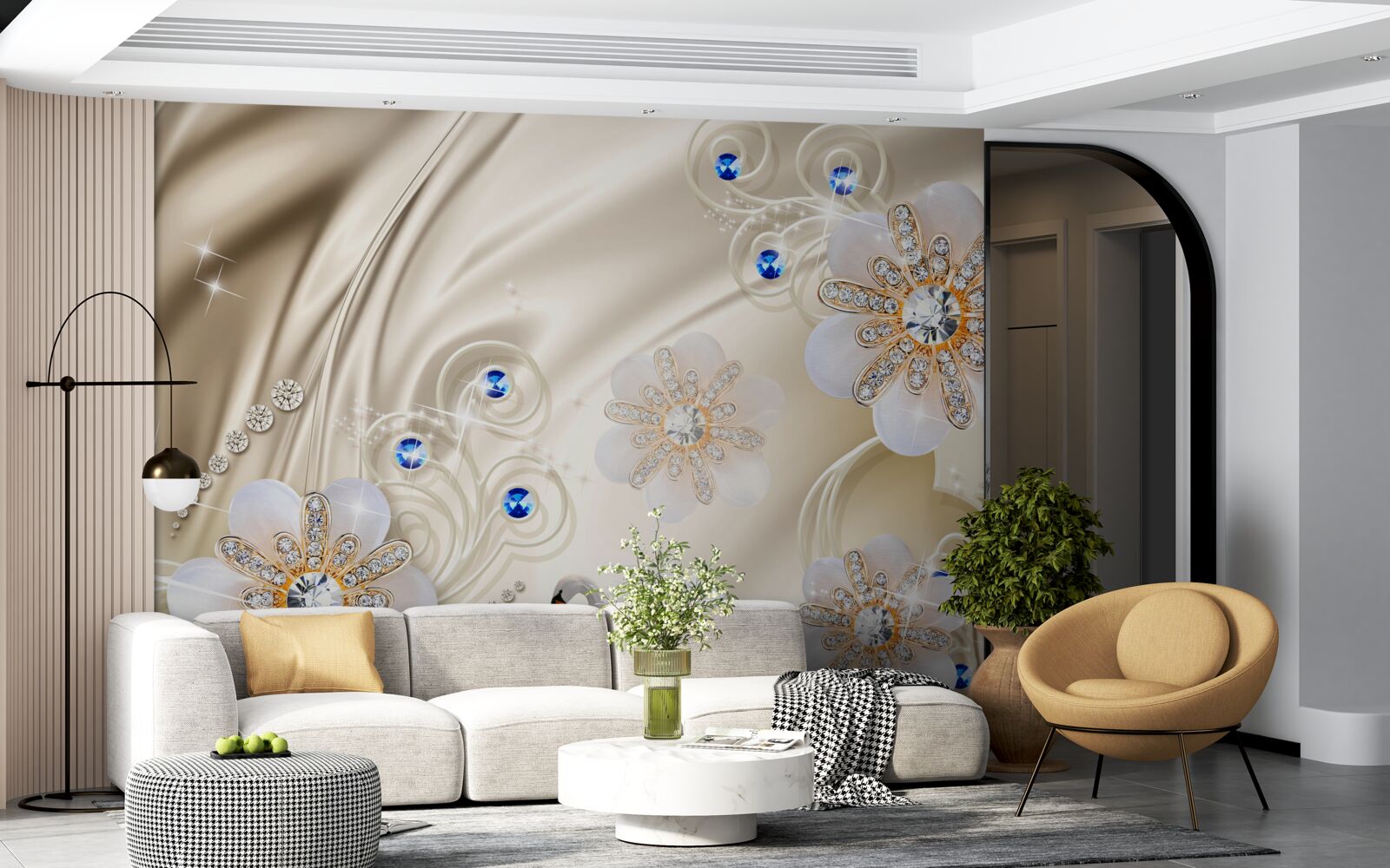 Fotobehang gekleurde juwelen en zwanen die door het water glijden