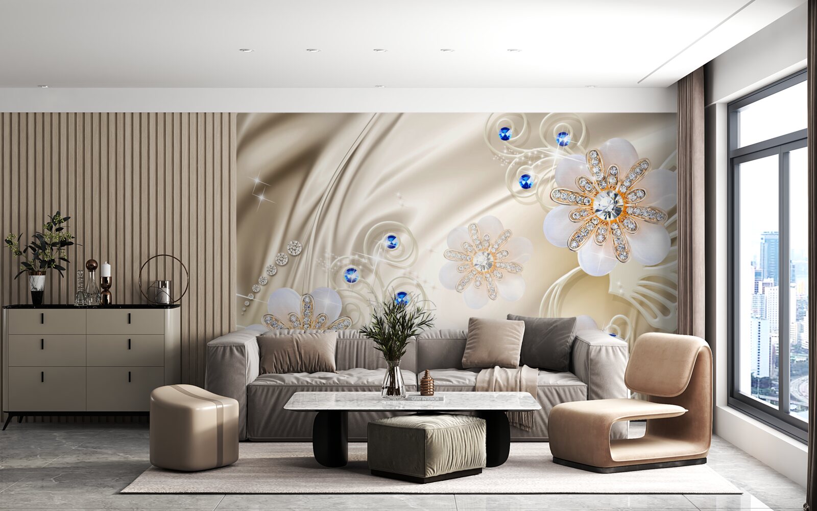 Fotobehang gekleurde juwelen en zwanen die door het water glijden