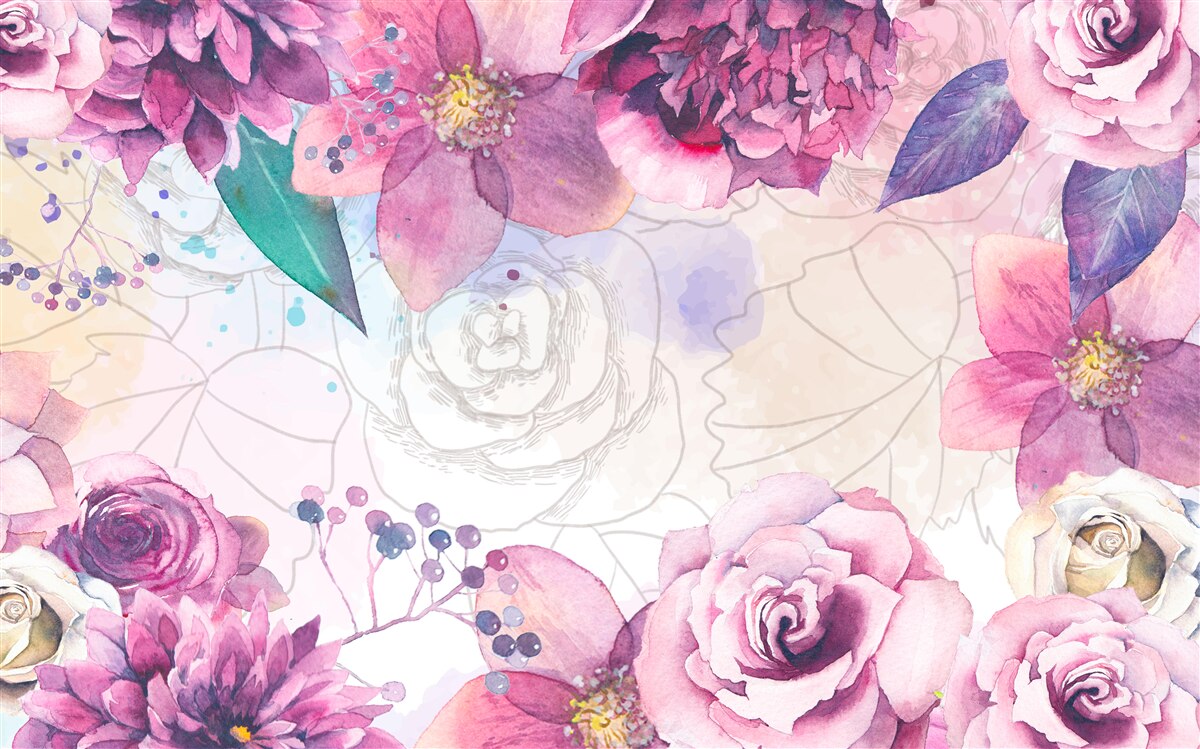 Fotobehang Aquarel achtergrond met bloemen in lila tinten