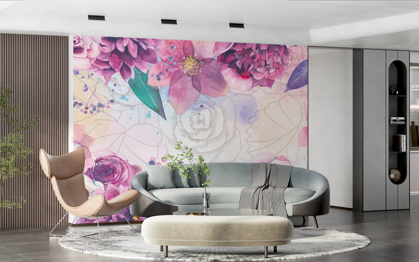 Fotobehang Aquarel achtergrond met bloemen in lila tinten