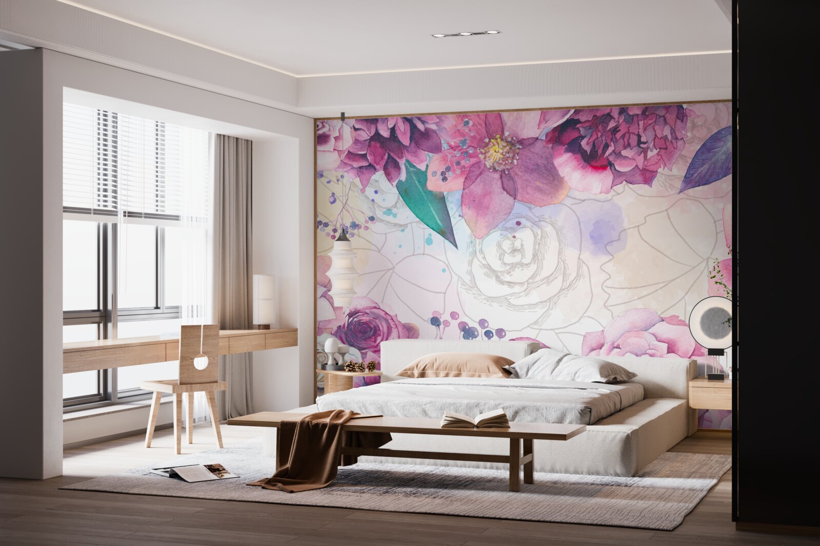 Fotobehang Aquarel achtergrond met bloemen in lila tinten