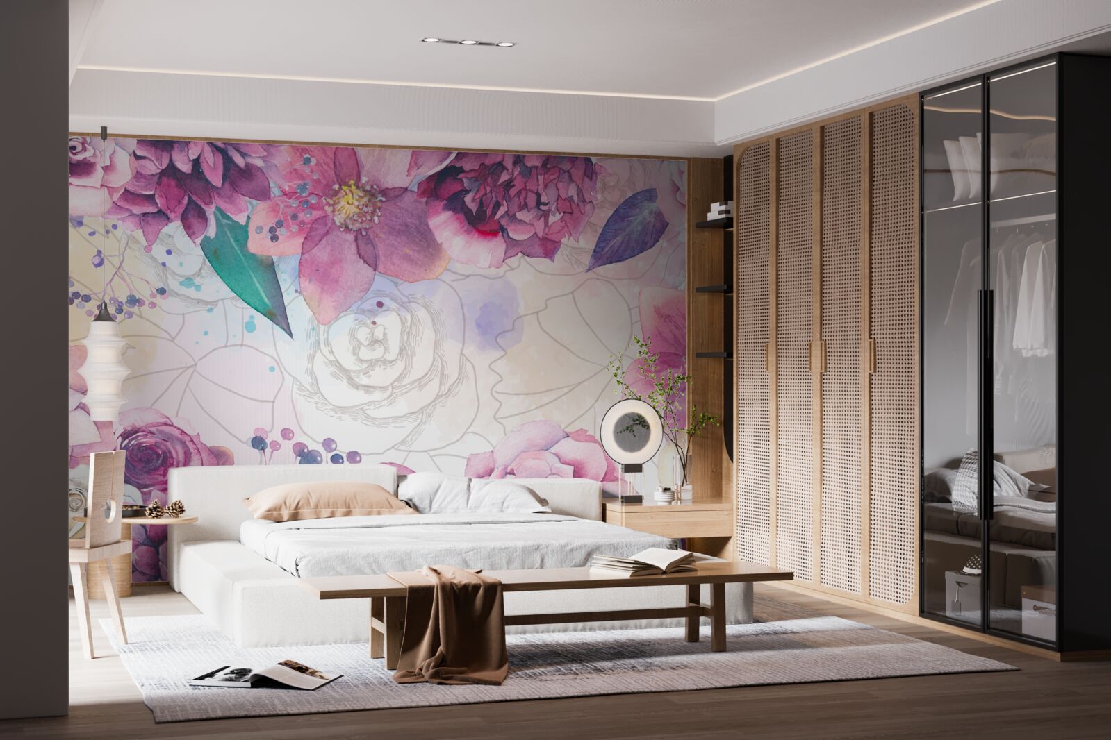 Fotobehang Aquarel achtergrond met bloemen in lila tinten