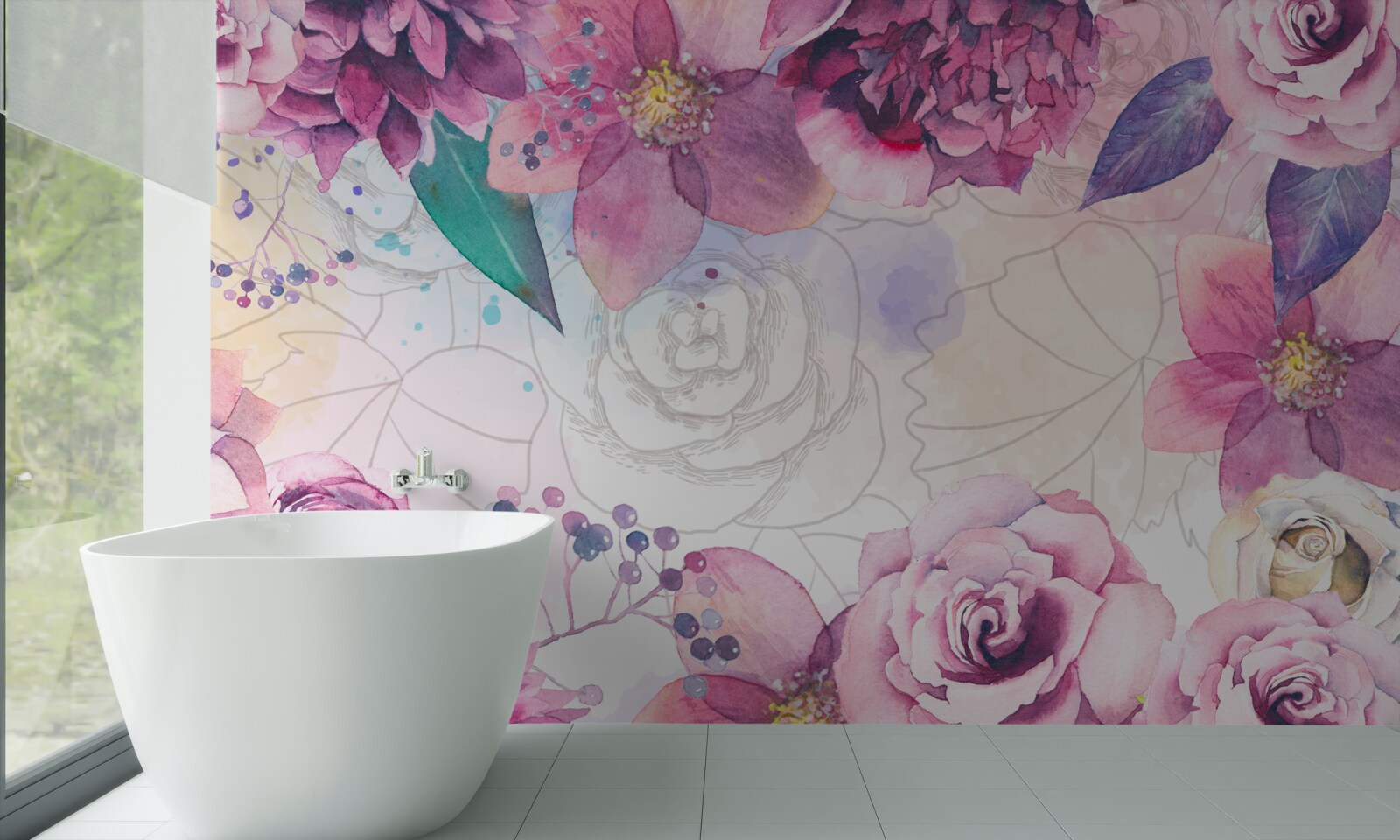 Fotobehang Aquarel achtergrond met bloemen in lila tinten