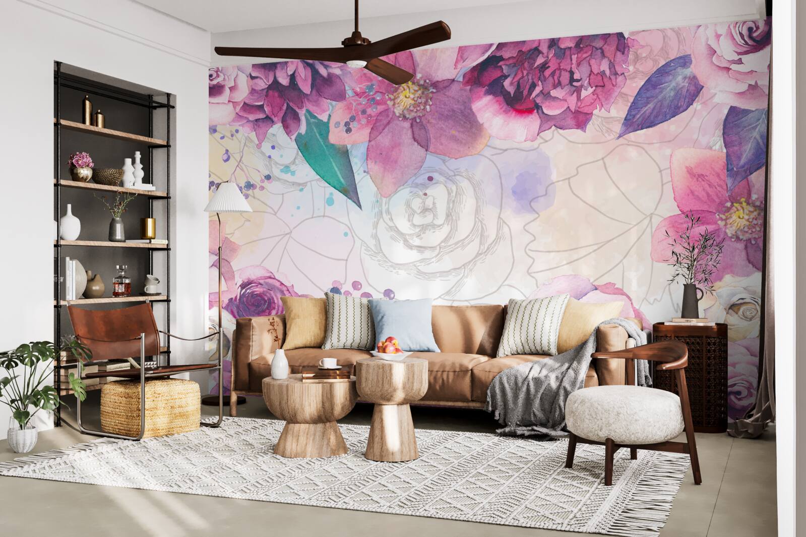 Fotobehang Aquarel achtergrond met bloemen in lila tinten