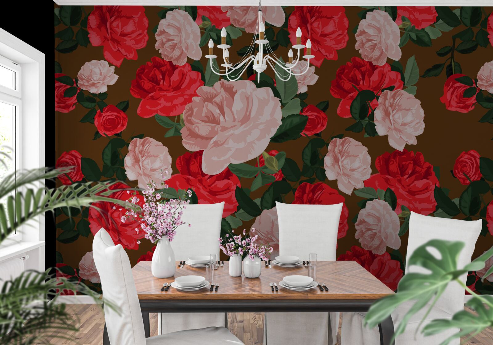 Fotobehang rode en roze rozenbloemen