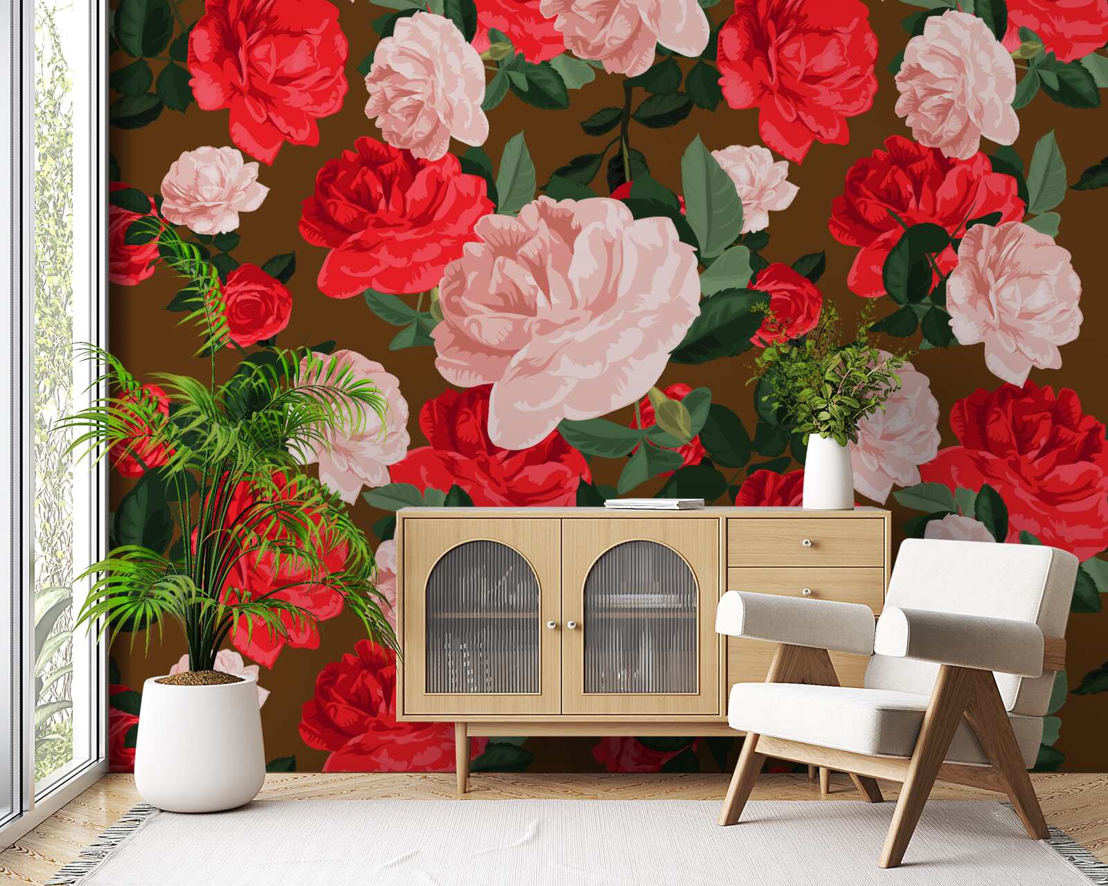 Fotobehang rode en roze rozenbloemen