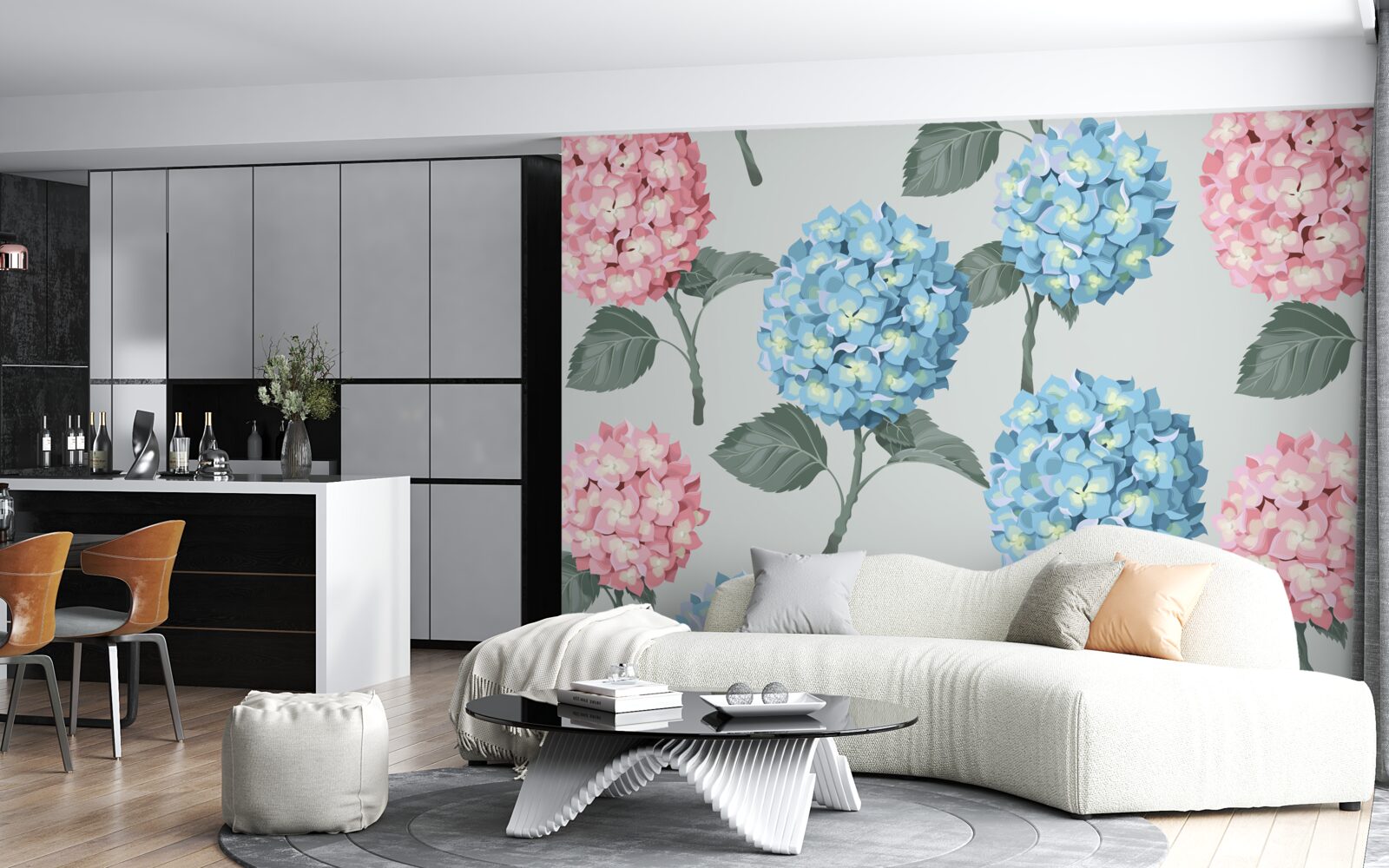 Fotobehang roze en blauwe hortensia's