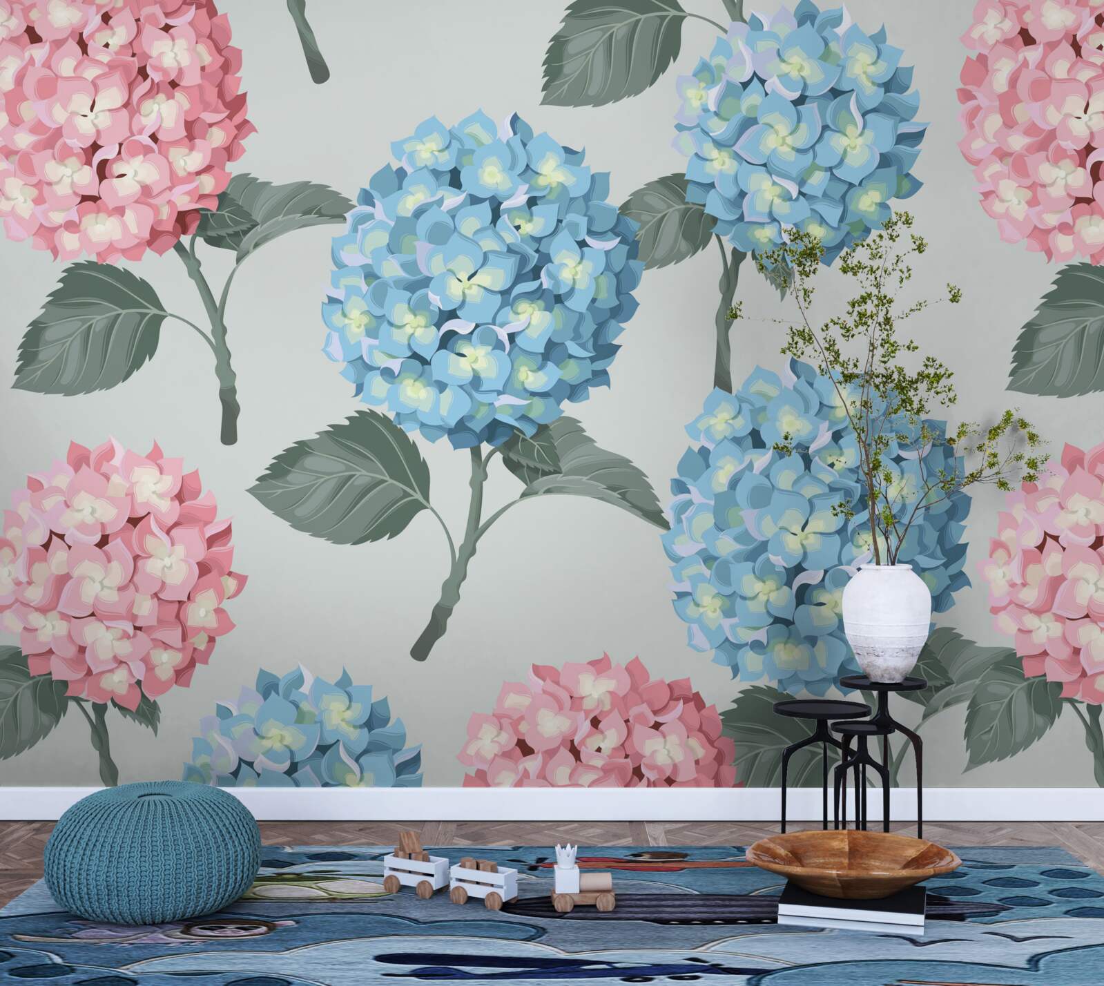 Fotobehang roze en blauwe hortensia's