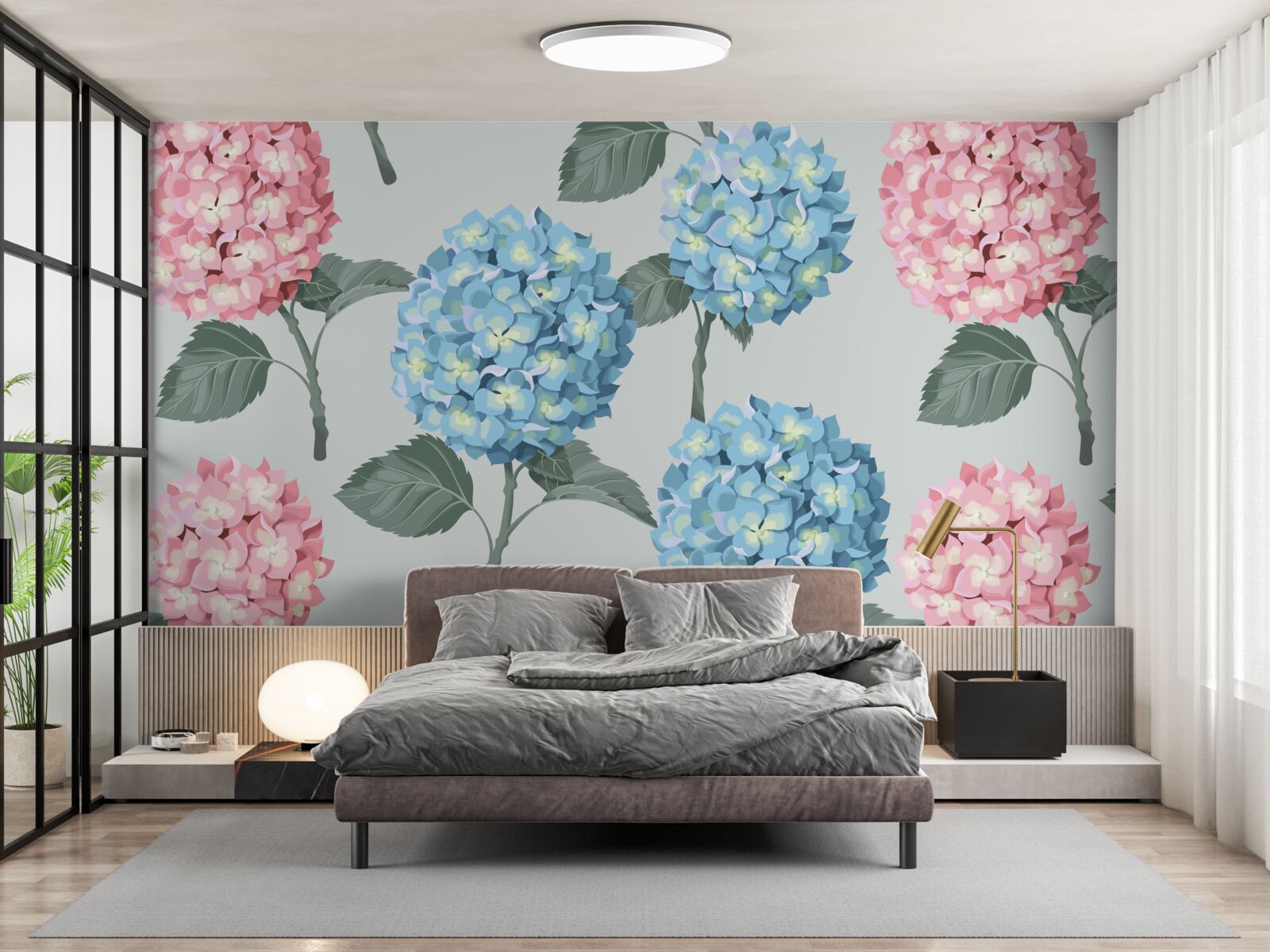 Fotobehang roze en blauwe hortensia's