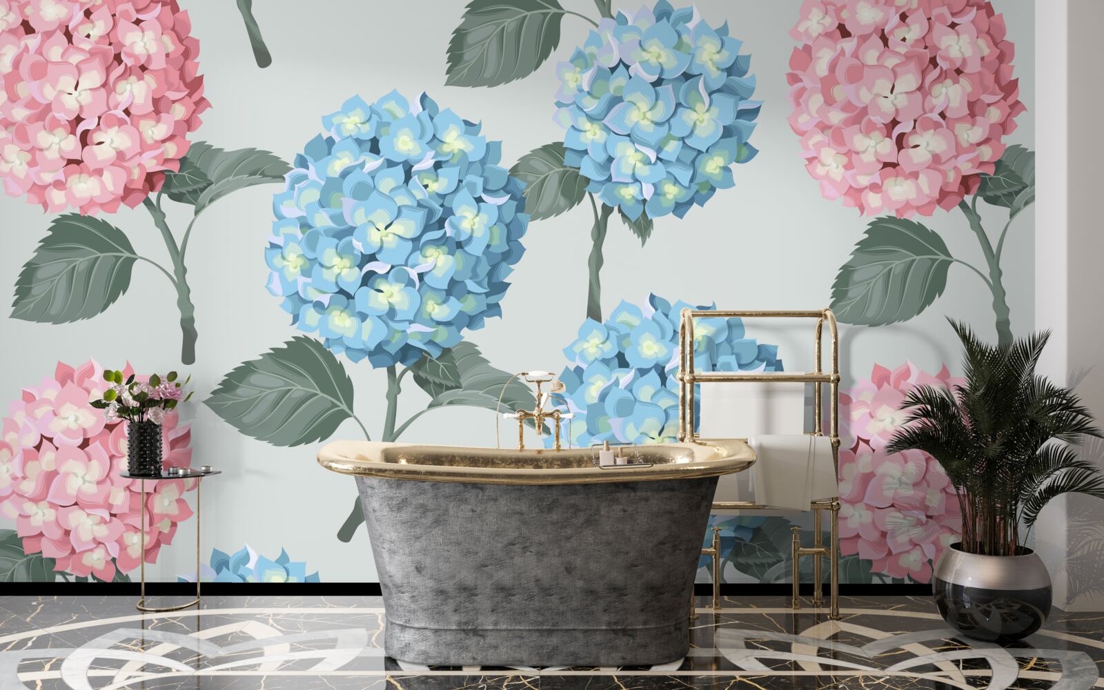 Fotobehang roze en blauwe hortensia's