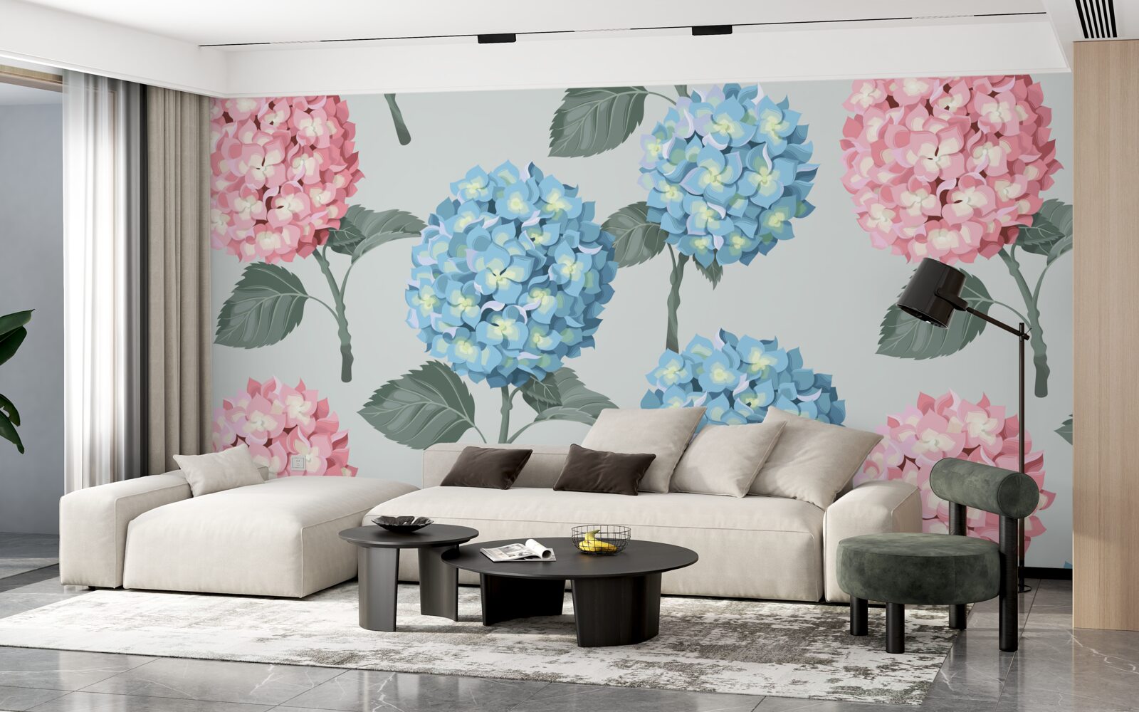 Fotobehang roze en blauwe hortensia's