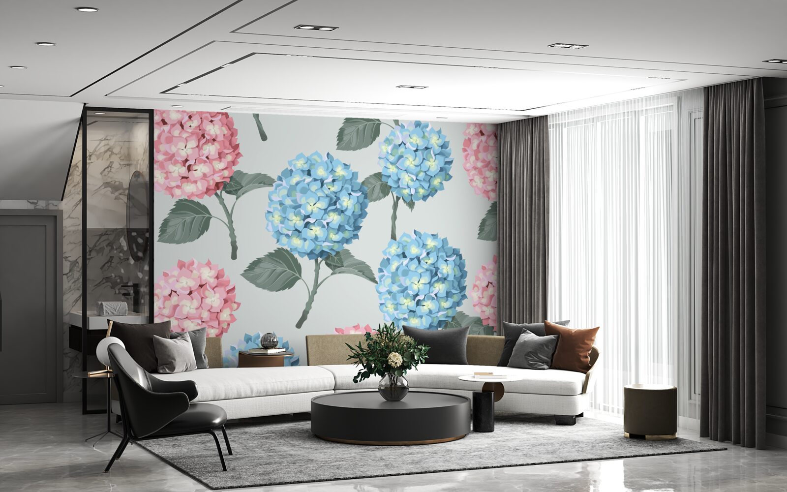 Fotobehang roze en blauwe hortensia's