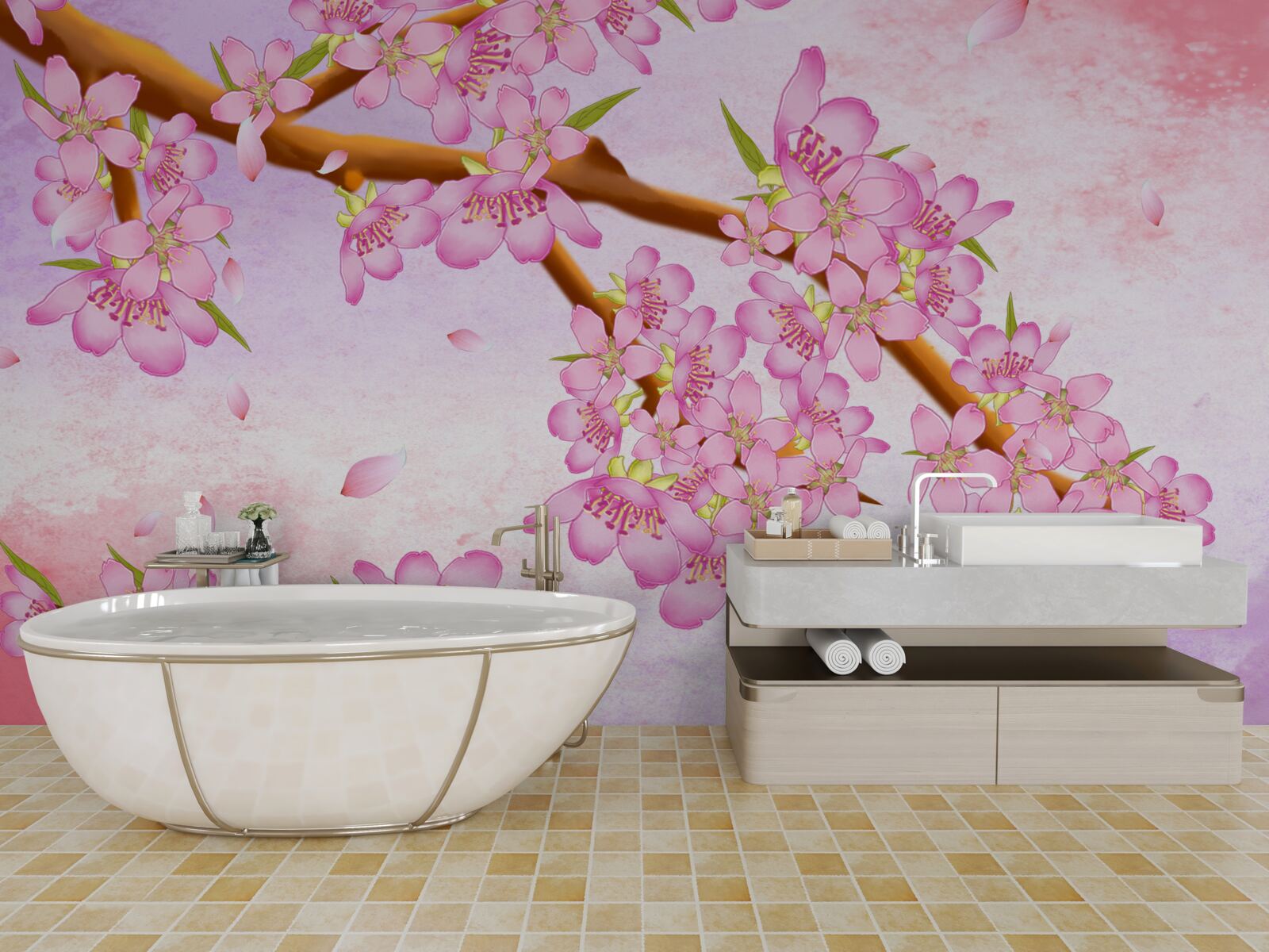 Fotobehang mooie roze knoppen bloeien aan de takken