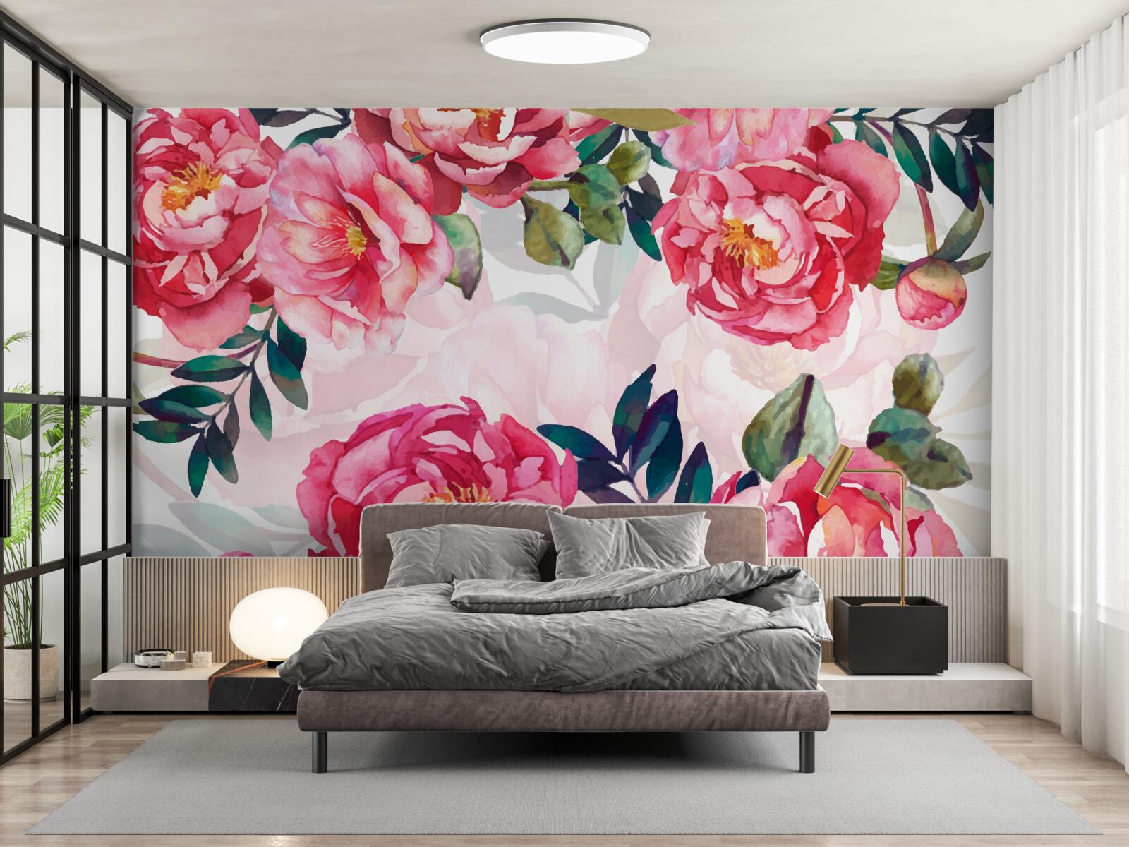 Fotobehang pioenen zijn groot en scharlakenrood van kleur