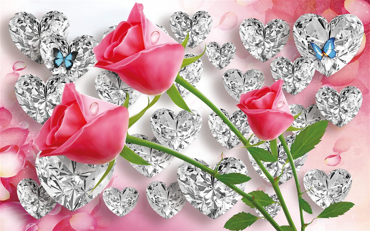 Fotobehang diamanten en rode rozen