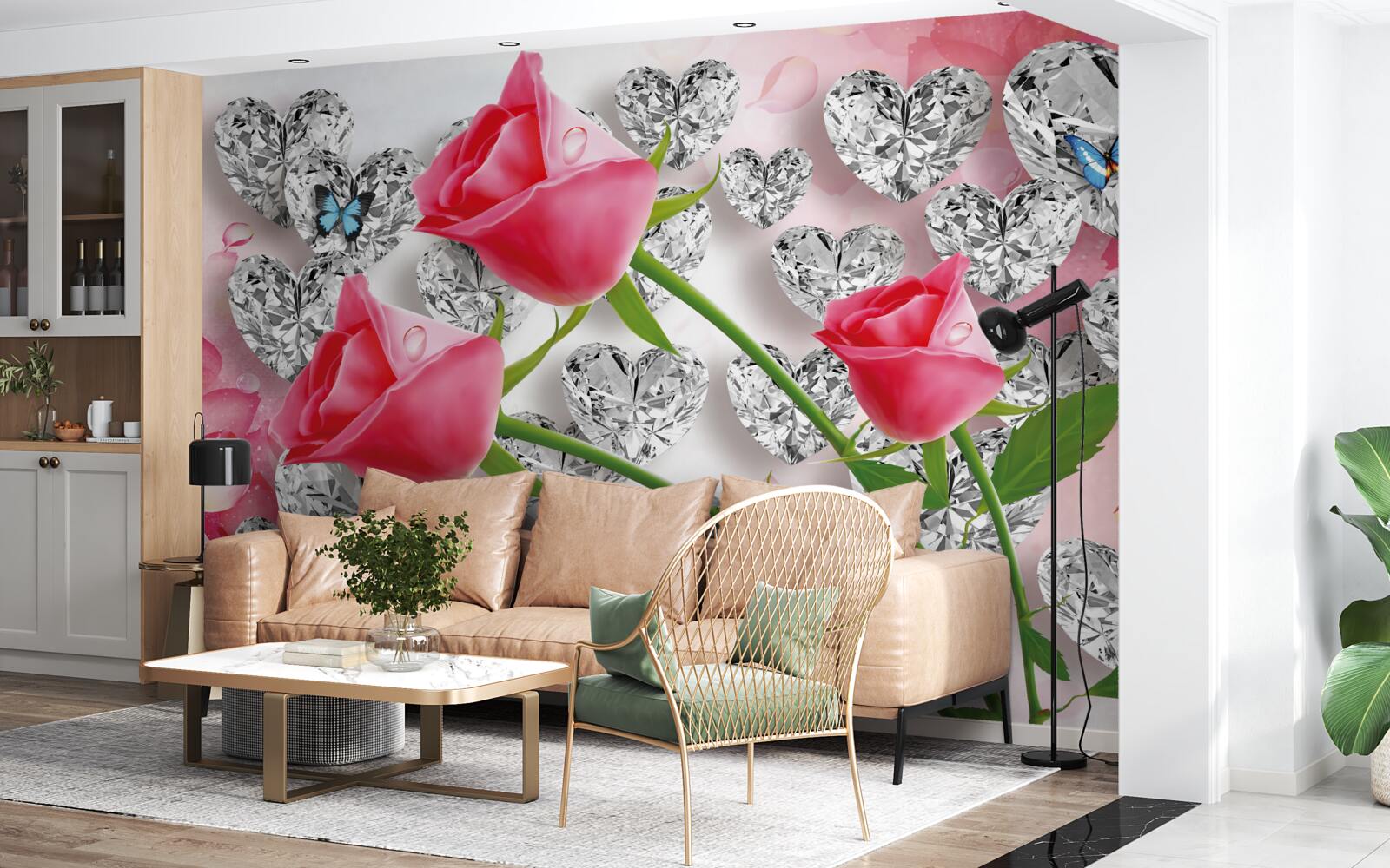 Fotobehang diamanten en rode rozen