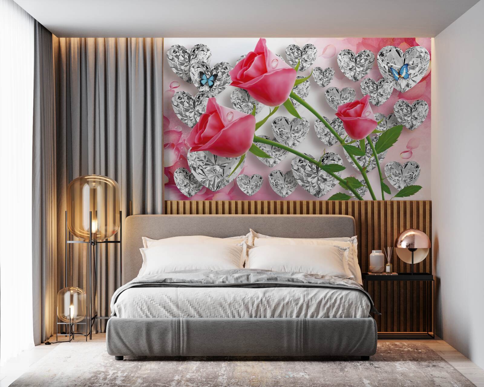 Fotobehang diamanten en rode rozen