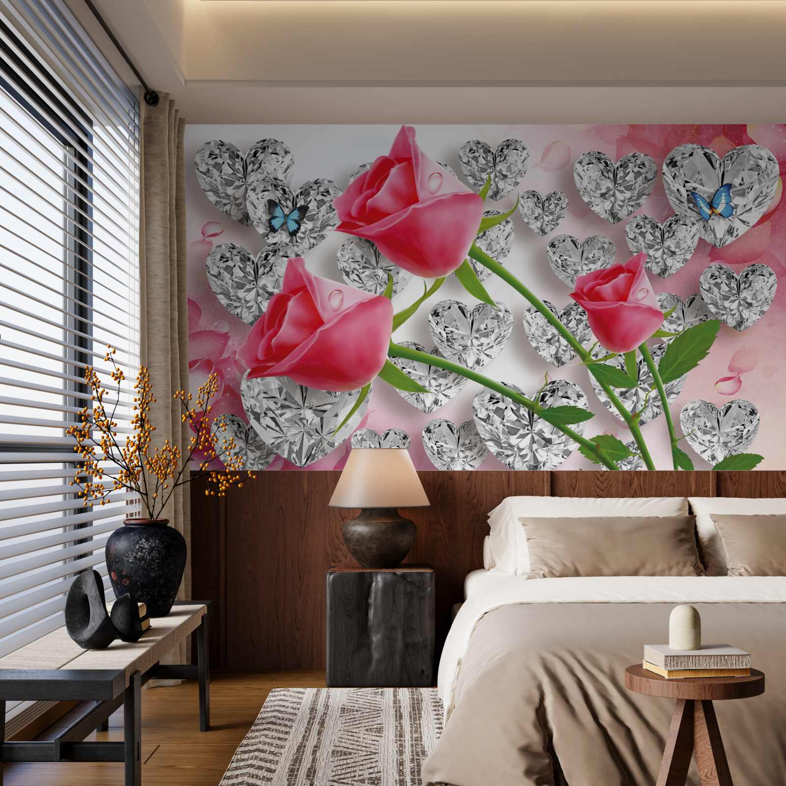 Fotobehang diamanten en rode rozen