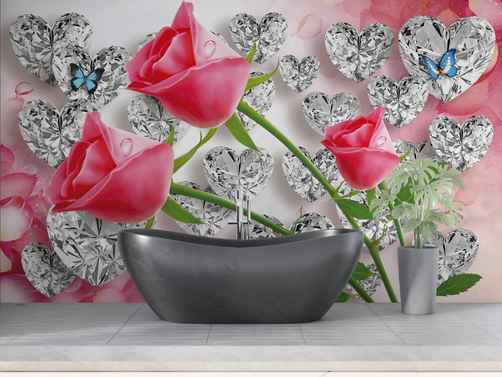 Fotobehang diamanten en rode rozen