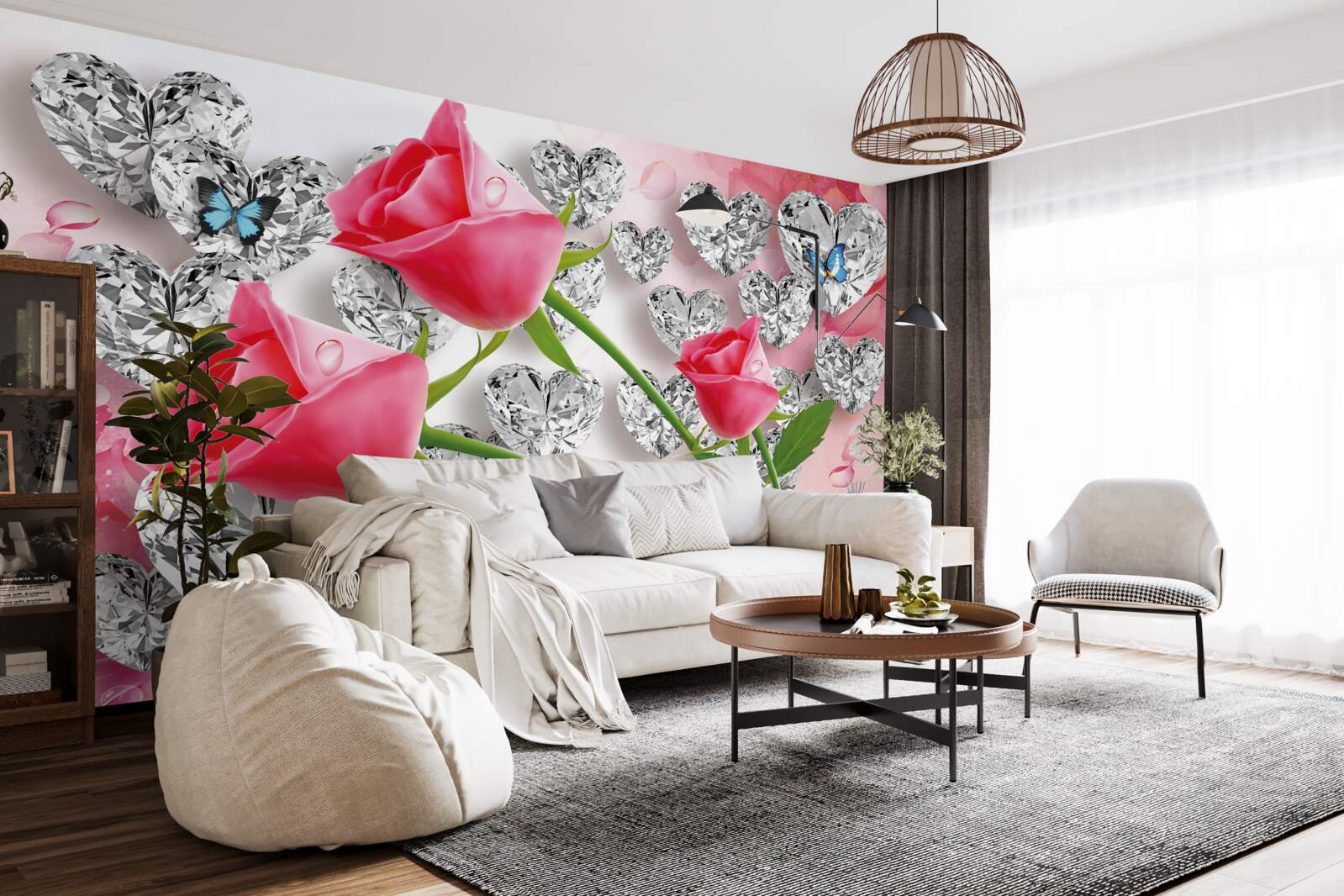 Fotobehang diamanten en rode rozen