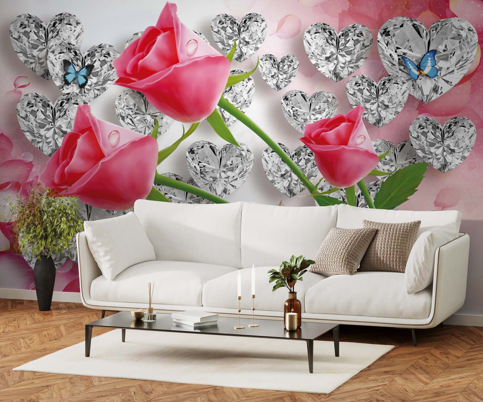 Fotobehang diamanten en rode rozen