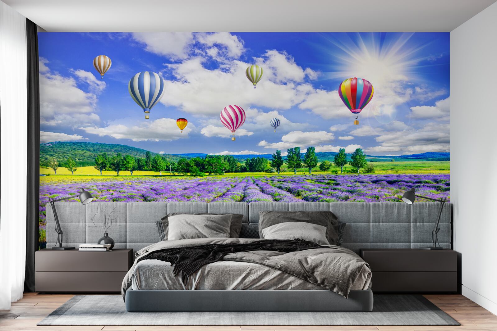 Fotobehang ballonvaart over een lavendelveld