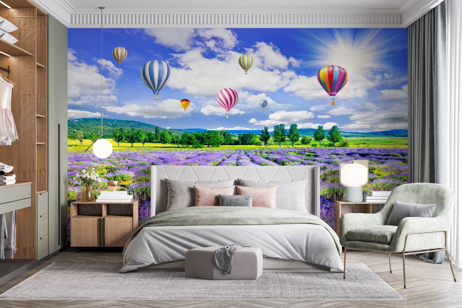 Fotobehang ballonvaart over een lavendelveld