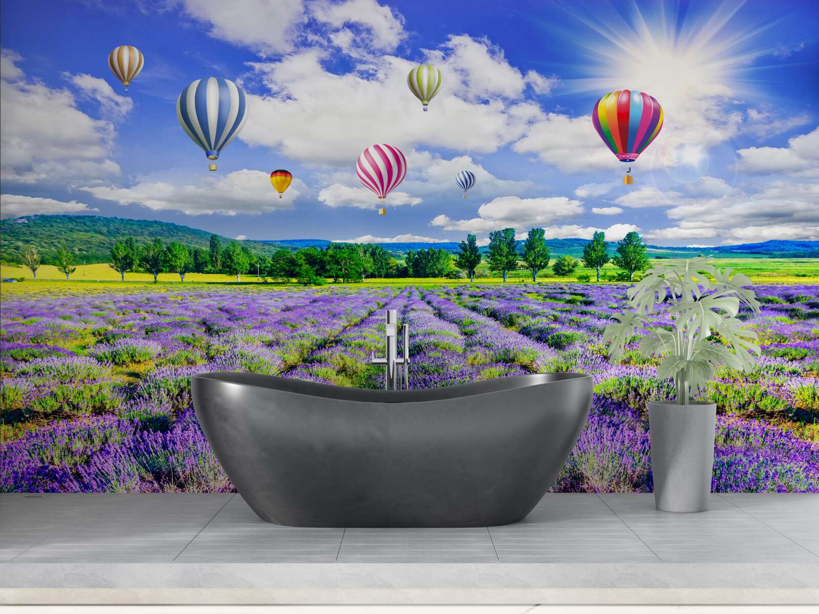 Fotobehang ballonvaart over een lavendelveld