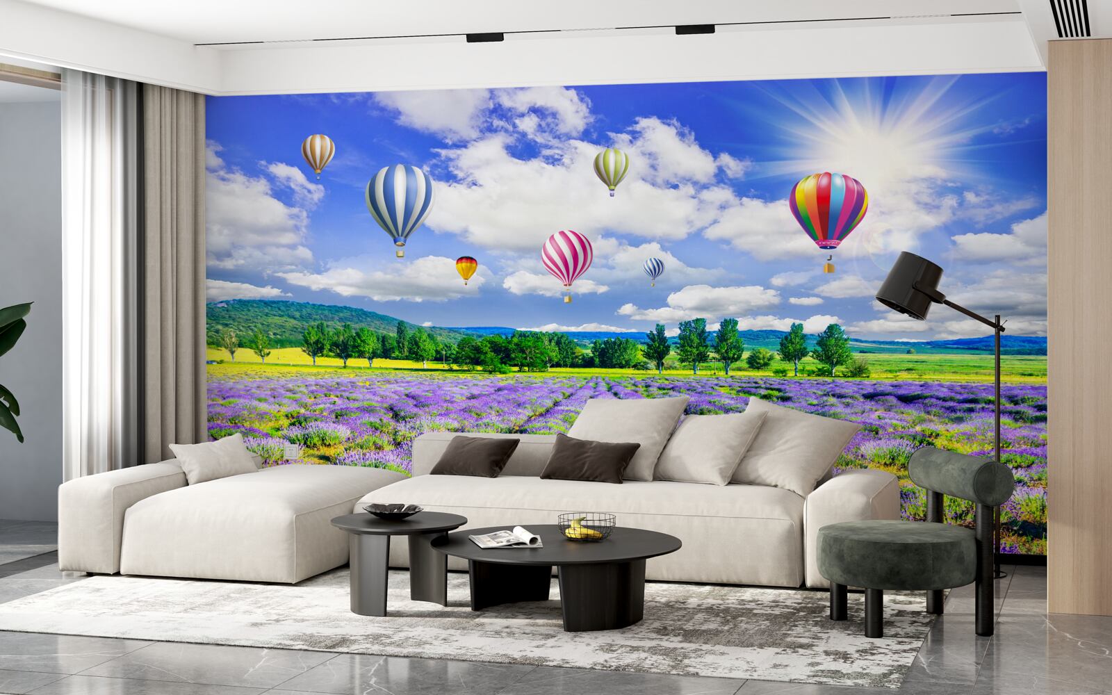 Fotobehang ballonvaart over een lavendelveld