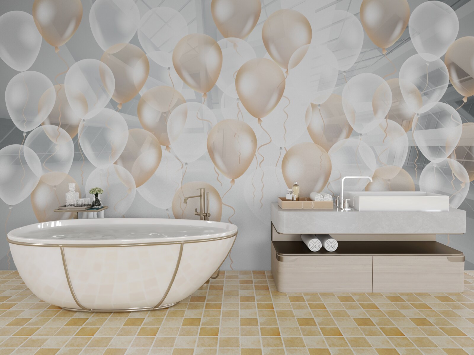 Fotobehang witte en gouden ballonnen