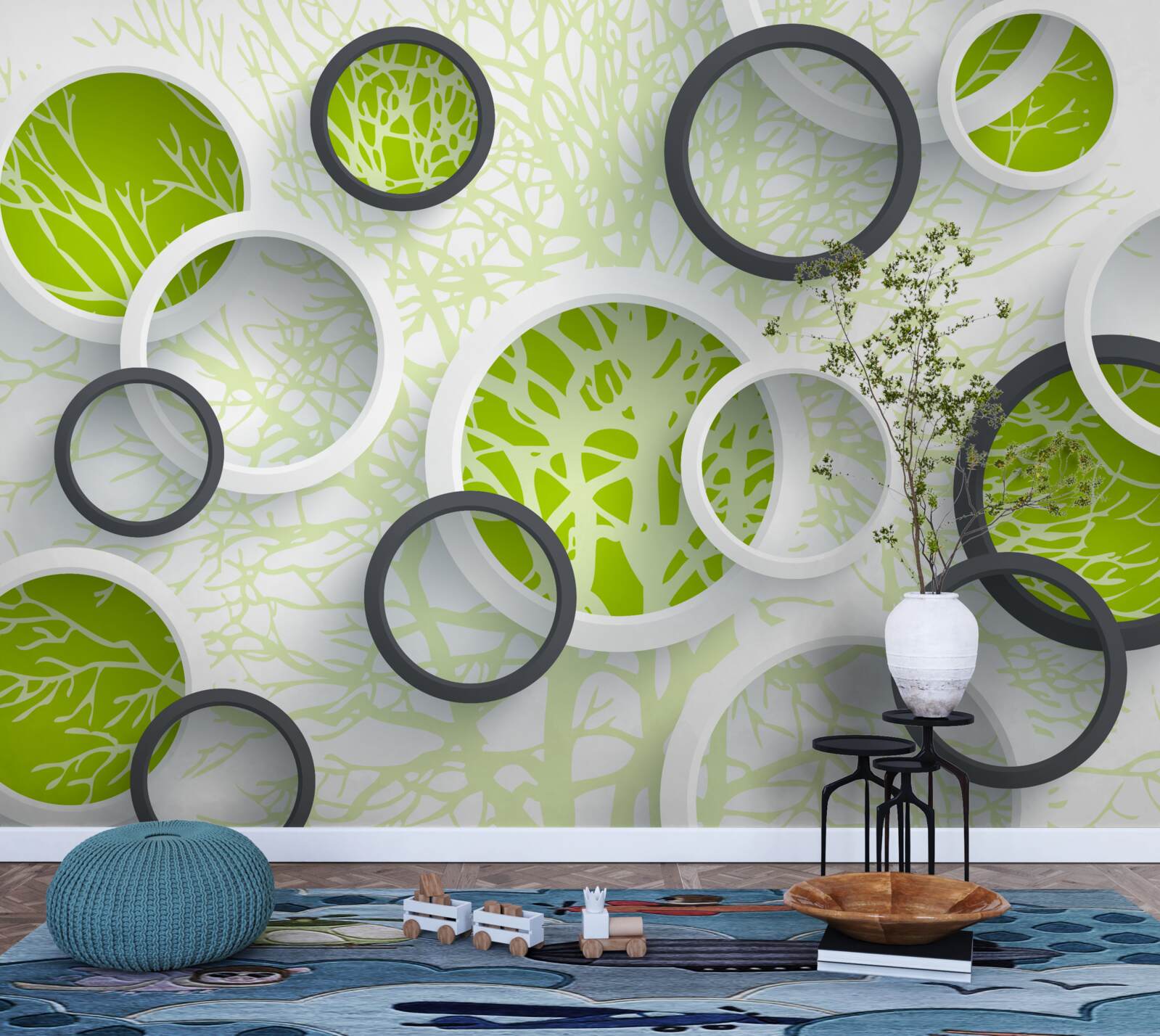 Fotobehang de cirkels van de lens weerspiegelen het groen van de boombladeren