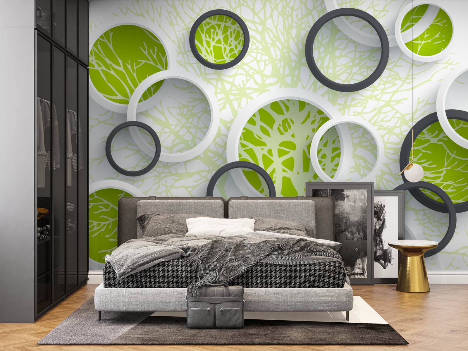 Fotobehang de cirkels van de lens weerspiegelen het groen van de boombladeren