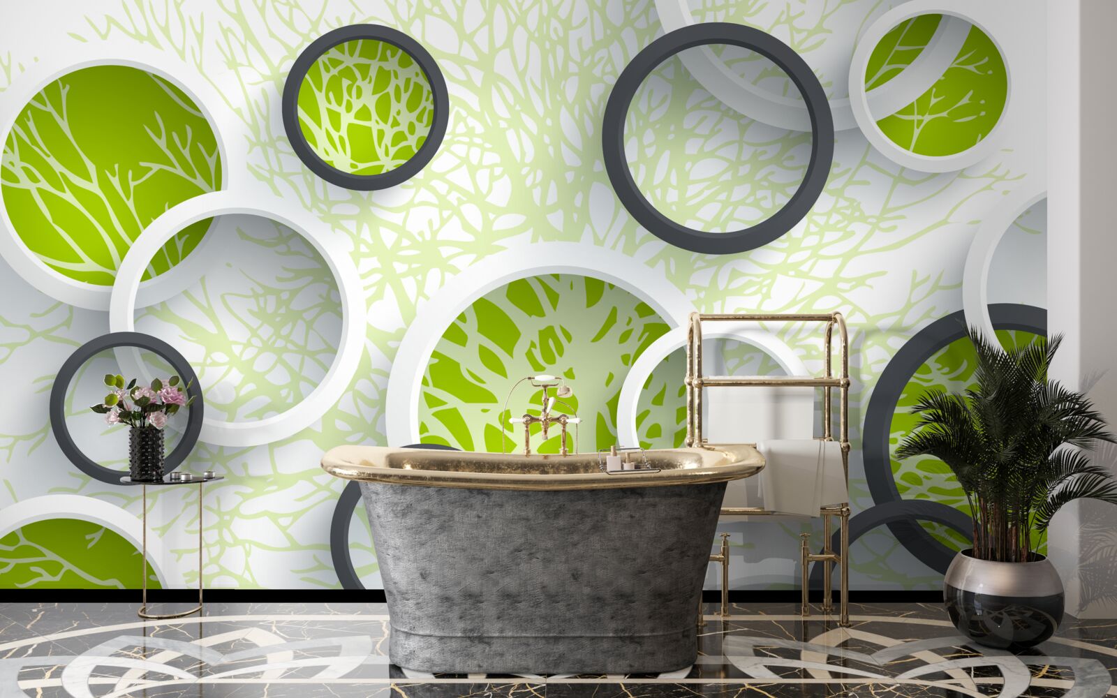 Fotobehang de cirkels van de lens weerspiegelen het groen van de boombladeren