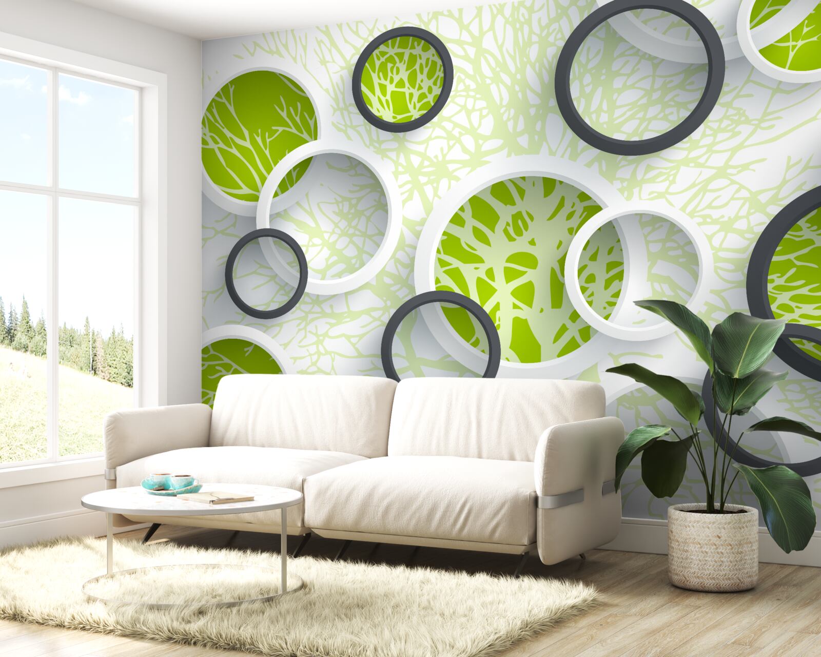 Fotobehang de cirkels van de lens weerspiegelen het groen van de boombladeren