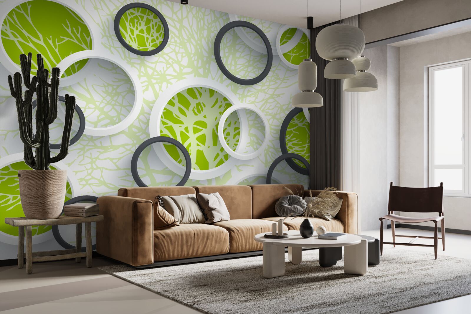 Fotobehang de cirkels van de lens weerspiegelen het groen van de boombladeren