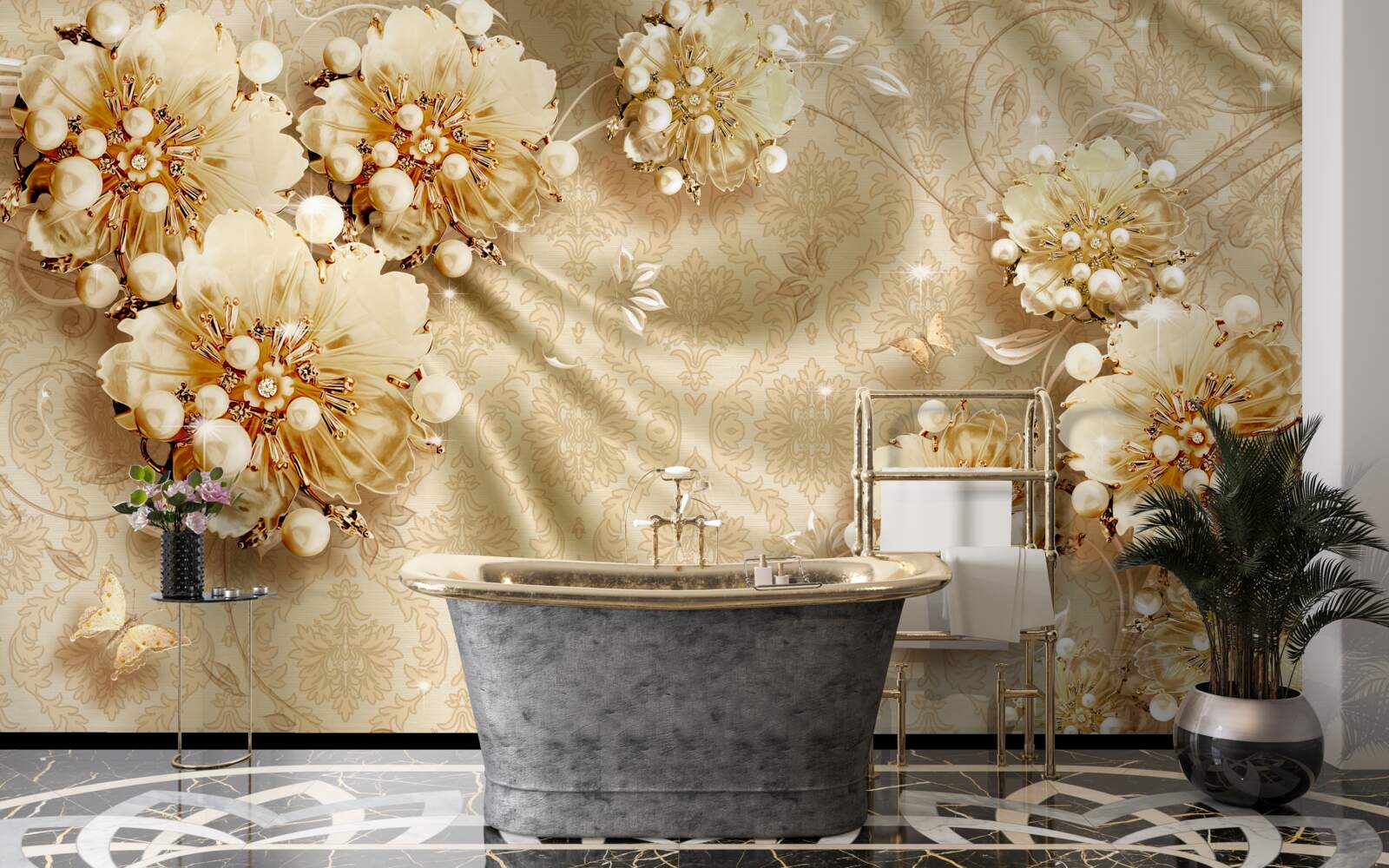 Fotobehang bloemen- en zijdetinten gedomineerd door bruintinten