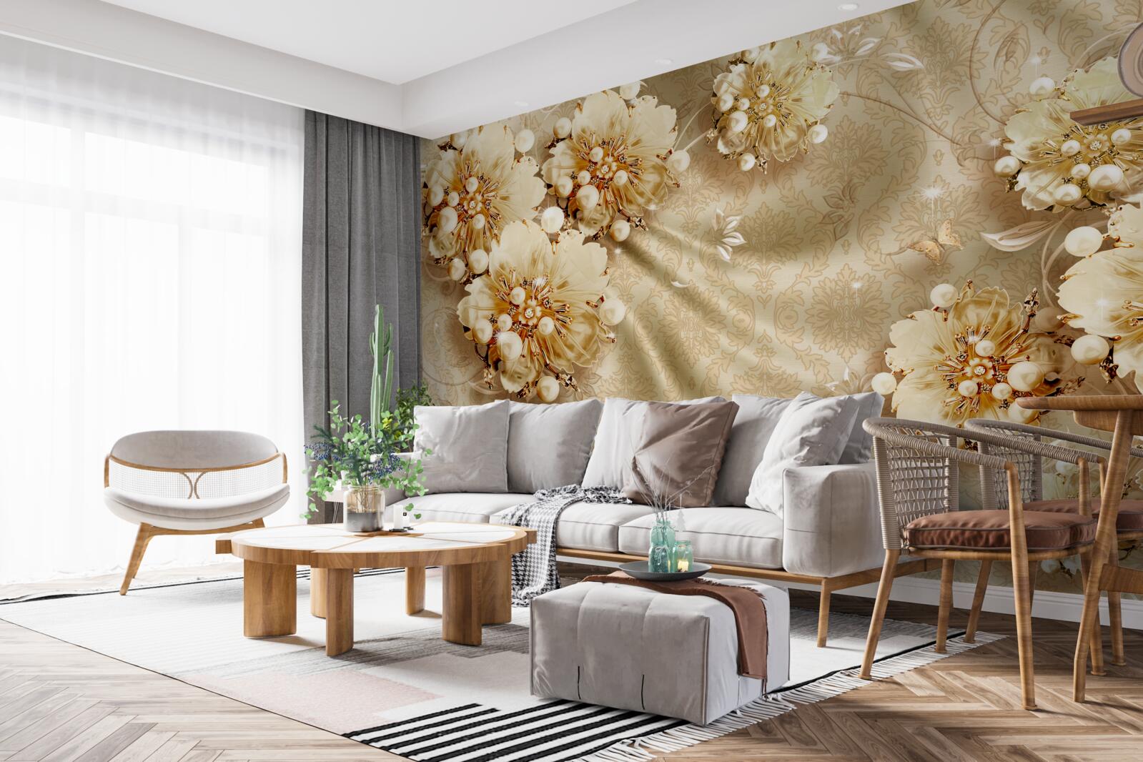 Fotobehang bloemen- en zijdetinten gedomineerd door bruintinten