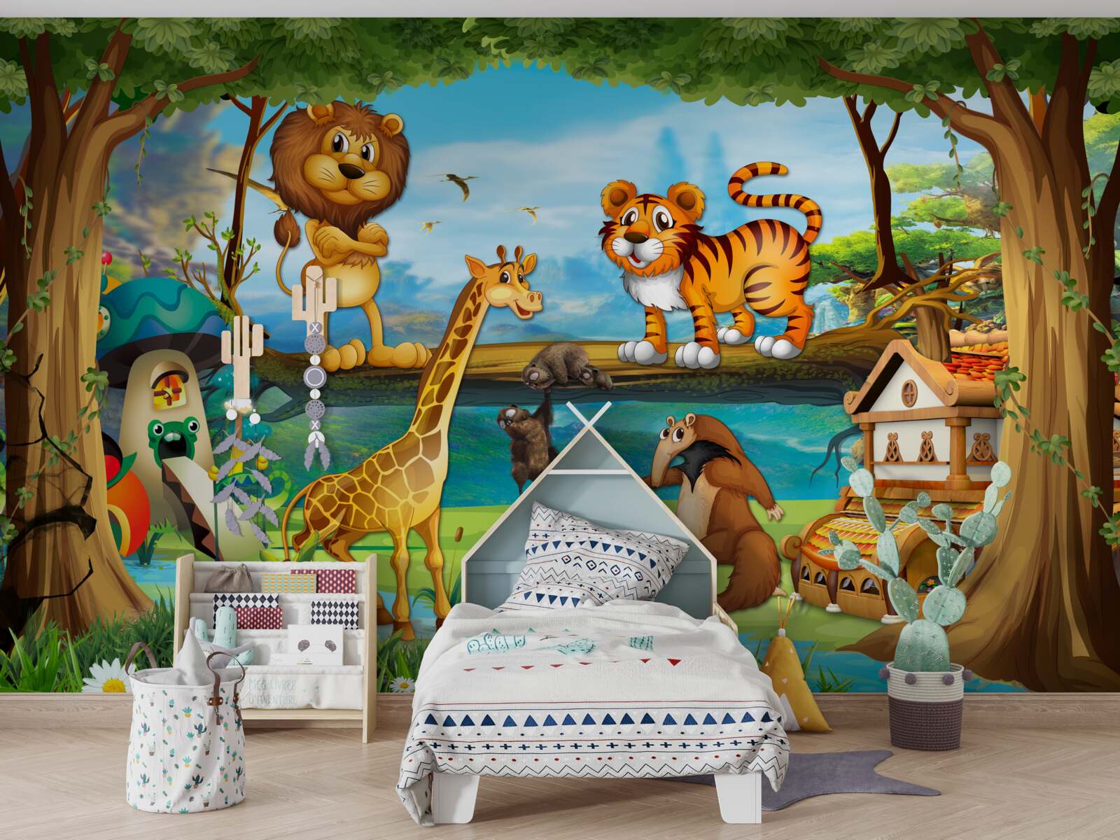 Fotobehang dieren bij een vijver in het bos