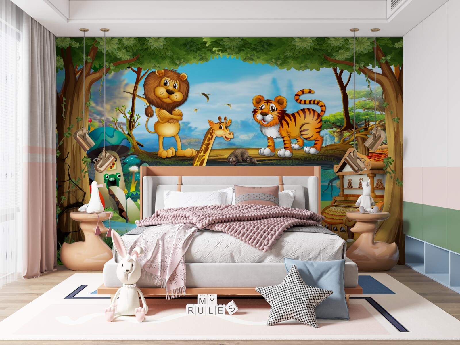 Fotobehang dieren bij een vijver in het bos