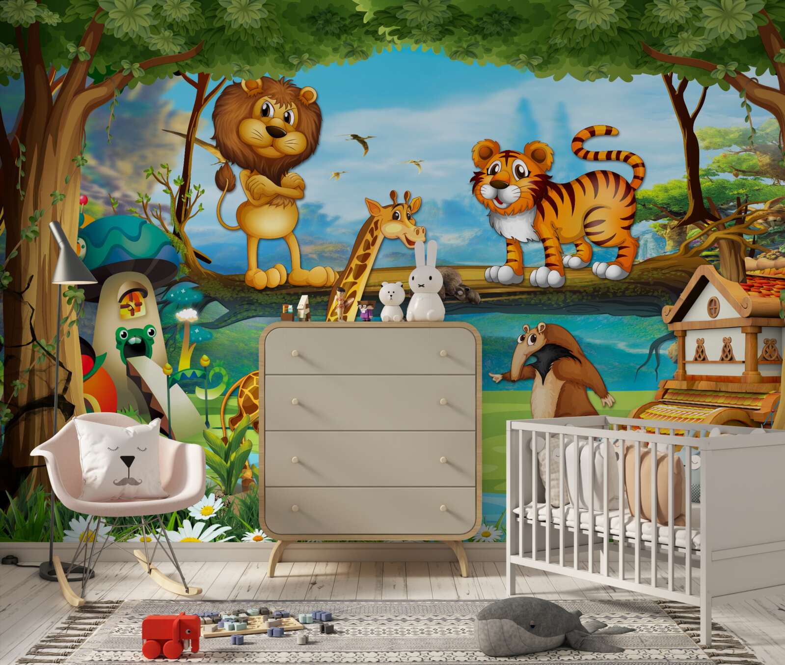 Fotobehang dieren bij een vijver in het bos