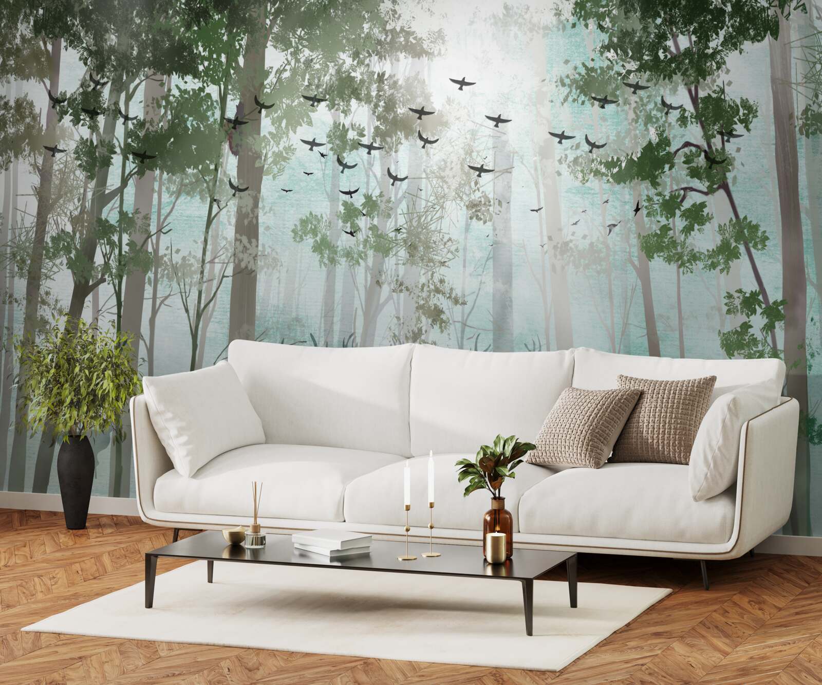 Fotobehang een groep herten begroet de ochtend in een mistig bos