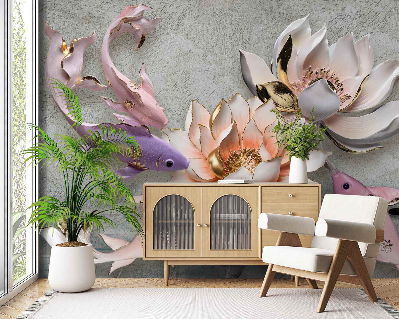 Fotobehang bloemen bij een meer waarin zwanen zwemmen