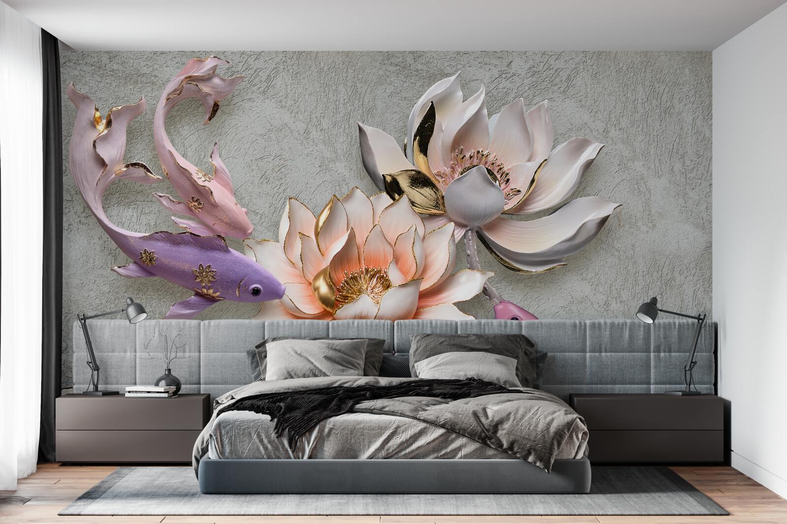 Fotobehang bloemen bij een meer waarin zwanen zwemmen