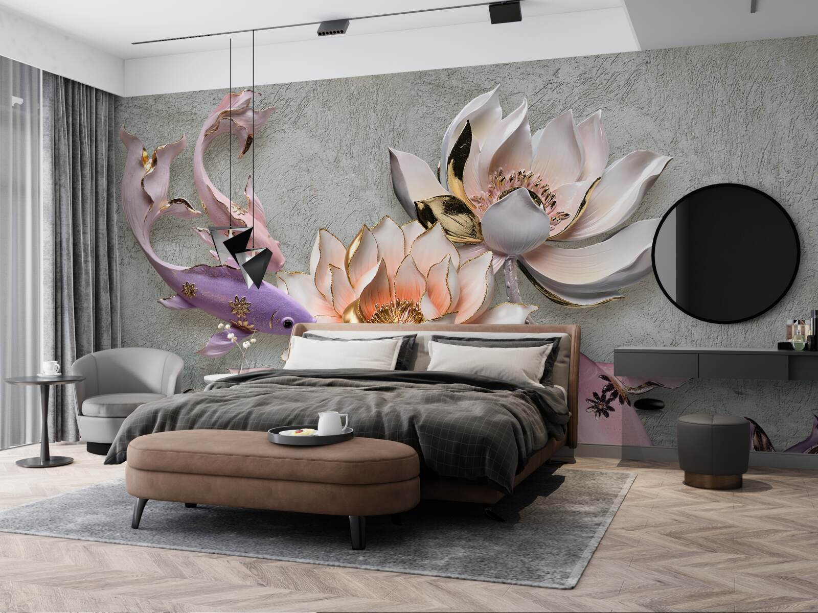 Fotobehang bloemen bij een meer waarin zwanen zwemmen